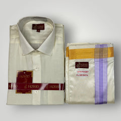 Horad Premium Art Silk Cream Shirt + Cream with Lavender+Gold Border Welcro Dhoti