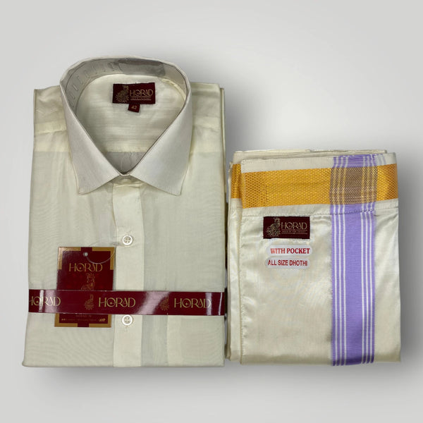 Horad Premium Art Silk Cream Shirt + Cream with Lavender+Gold Border Welcro Dhoti
