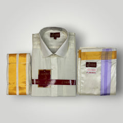 Horad Premium Art Silk Cream Shirt + Cream with Lavender+Gold Border Welcro Dhoti + Angavastram