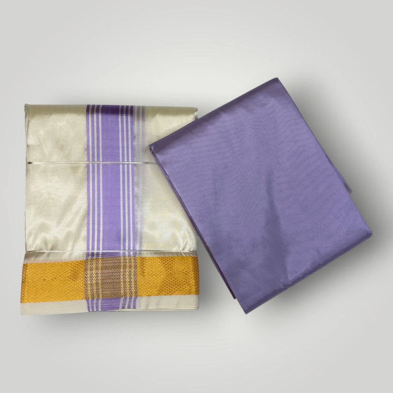 HORAD Premium Art Silk Cream with Lavender+Gold Border Dhoti with Lavender Shirt Material
