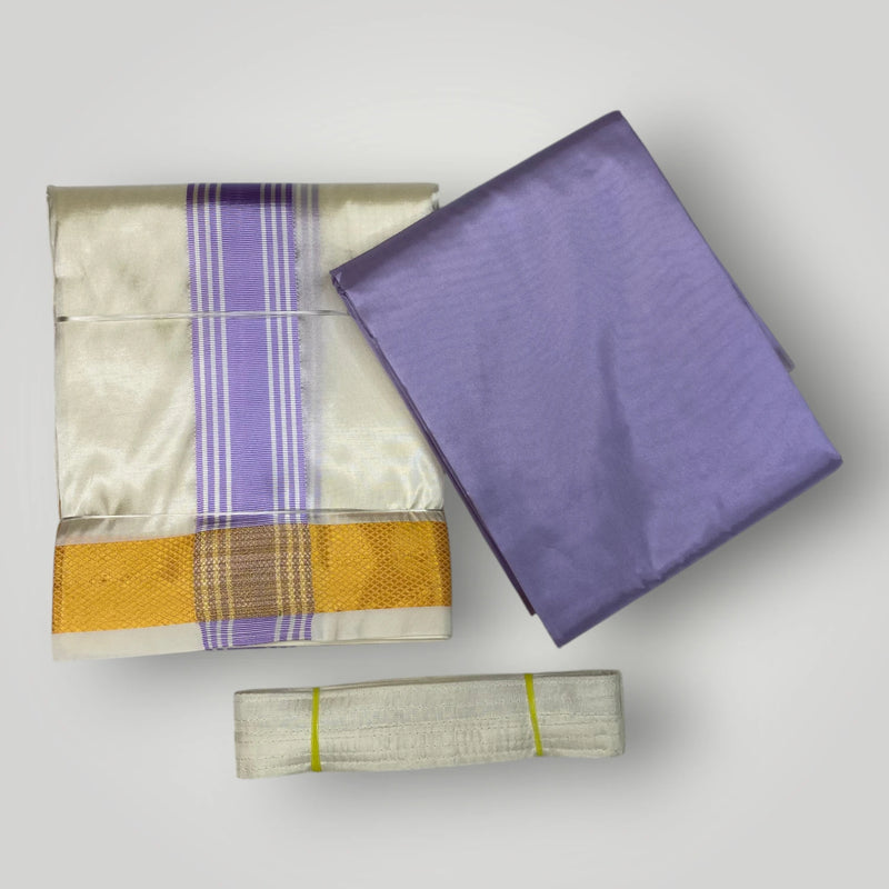 HORAD Premium Art Silk Cream with Lavender+Gold Border Dhoti with Lavender Shirt Material + Belt