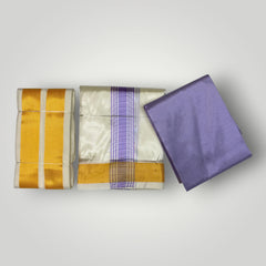 HORAD Premium Art Silk Cream with Lavender+Gold Border Dhoti with Lavender Shirt Material + Angavastram