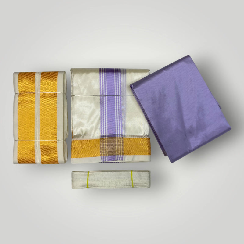 HORAD Premium Art Silk Cream with Lavender+Gold Border Dhoti with Lavender Shirt Material + Angavastram + Belt