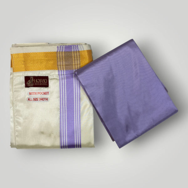 HORAD Premium Art Silk Cream with Lavender+Gold Border Welcro Dhoti with Lavender Shirt Material