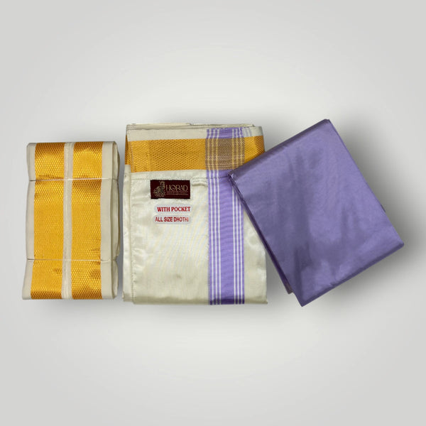 HORAD Premium Art Silk Cream with Lavender+Gold Border Welcro Dhoti with Lavender Shirt Material + Angavastram