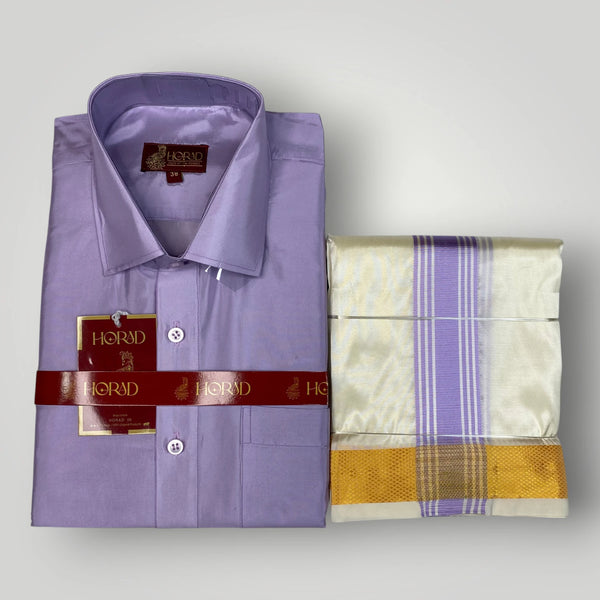 Horad Premium Art Silk Lavender Shirt + Cream with Lavender+Gold Border Dhoti