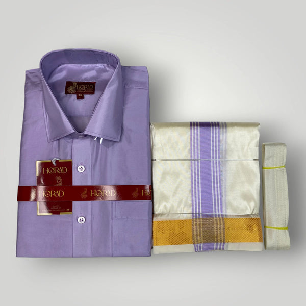 Horad Premium Art Silk Lavender Shirt + Cream with Lavender+Gold Border Dhoti + Belt