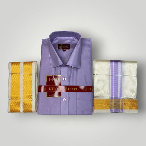 Horad Premium Art Silk Lavender Shirt + Cream with Lavender+Gold Border Dhoti + Angavastram