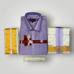 Horad Premium Art Silk Lavender Shirt + Cream with Lavender+Gold Border Dhoti + Angavastram + Belt