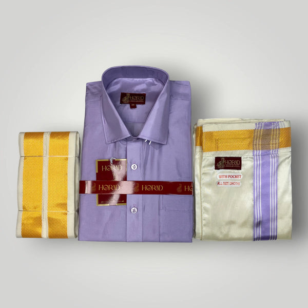 Horad Premium Art Silk Lavender Shirt + Cream with Lavender+Gold Border Welcro Dhoti + Angavastram