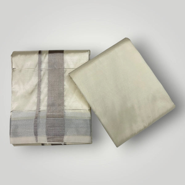 HORAD Premium Art Silk Cream With Silver Zari Dhoti with Cream Shirt Material