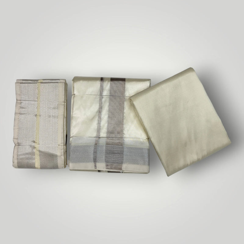 HORAD Premium Art Silk Cream Shirt Material (3 Meter) + (9X5) Dhoti + Angavastram