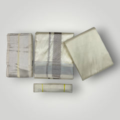 HORAD Premium Art Silk Cream with Silver Zari Dhoti with Cream Shirt Material + Angavastram + Belt