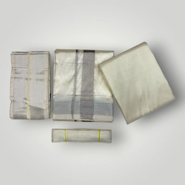 HORAD Premium Art Silk Cream Shirt Material (3 Meter) + (9X5) Dhoti + Angavastram + Belt