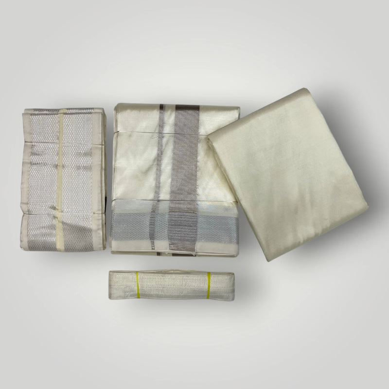 HORAD Premium Art Silk Cream Shirt Material (3 Meter) + (9X5) Dhoti + Angavastram + Belt