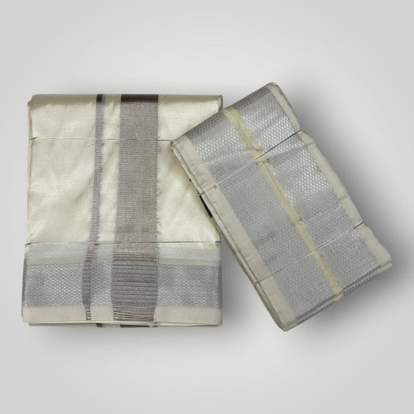 HORAD Premium Art Silk Cream With Silver Zari  Dhoti + Angavastram (8X4)