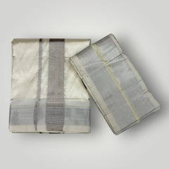HORAD Premium Art Silk Cream with Silver  Dhoti + Angavastram (10X6)