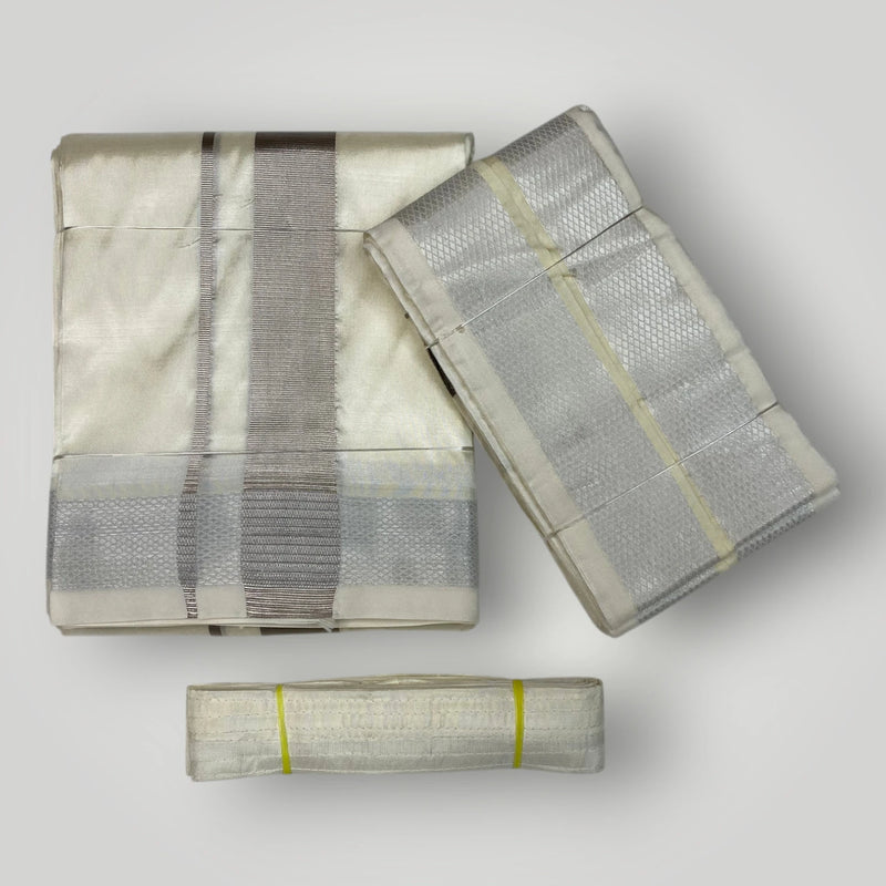 HORAD Premium Art Silk Cream with Silver  Dhoti + Angavastram + Belt (9X5)