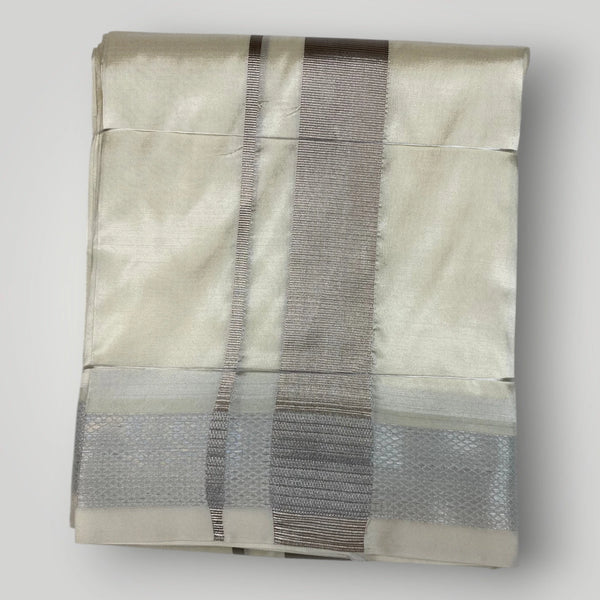 Horad Premium Art Silk Dad and Son Steel Grey Shirt + Cream With Silver Zari Dhoti + Angavastram