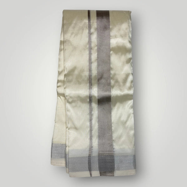 Horad Premium Art Silk Dad and Son Steel Grey Shirt + Cream with Silver Dhoti