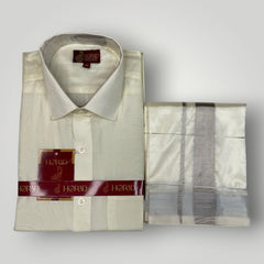 Horad Premium Art Silk Cream Shirt + Cream with Silver Zari Dhoti
