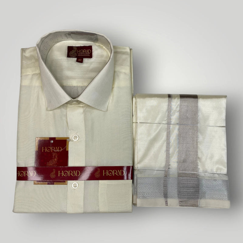 Horad Premium Art Silk Cream Shirt + Cream with Silver Zari Dhoti