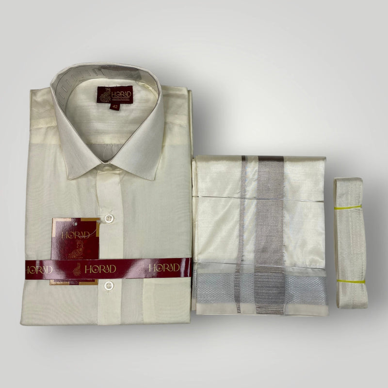Horad Premium Art Silk Cream Shirt + Cream with Silver Zari Dhoti + Belt