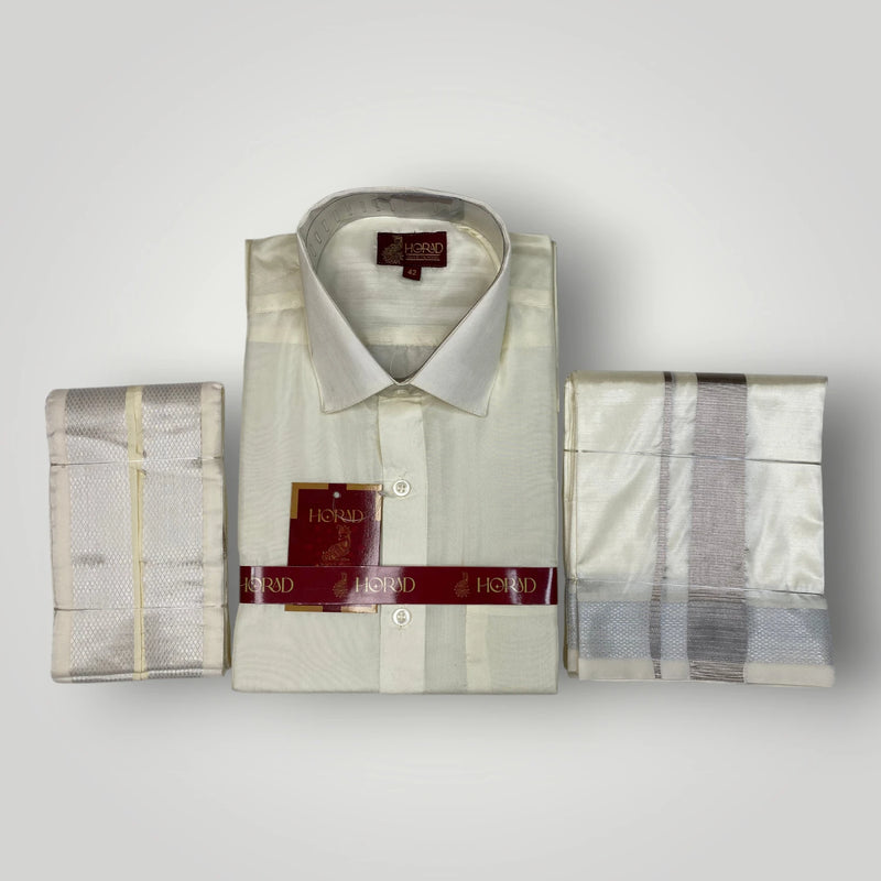 Horad Premium Art Silk Cream Shirt + Cream with Silver Zari Dhoti +  Angavastram