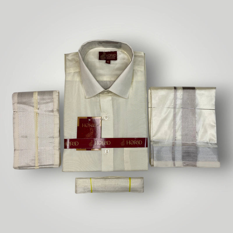 Horad Premium Art Silk Cream Shirt + Cream with Silver Zari Dhoti +  Angavastram + Belt