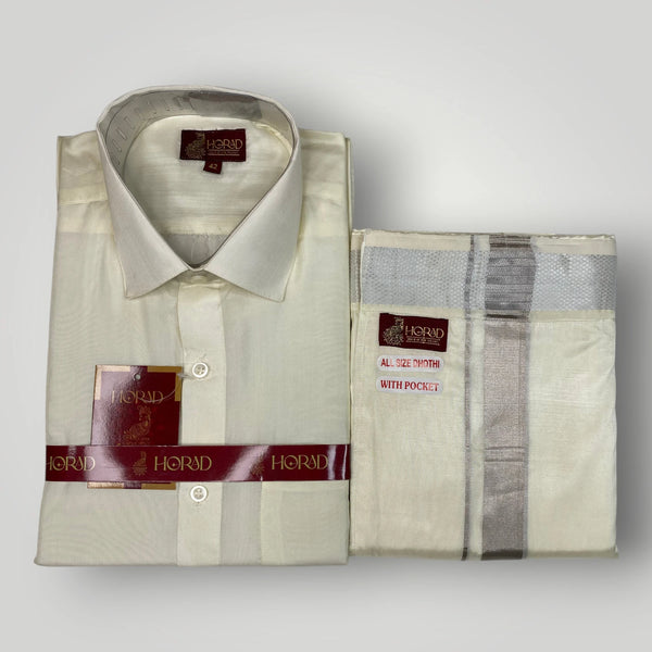 Horad Premium Art Silk Cream Shirt + Cream with Silver Zari  Welcro Dhoti