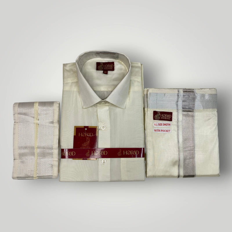 Horad Premium Art Silk Cream Shirt + Cream with Silver Zari Welcro Dhoti + Angavastram