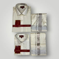 Horad Premium Art Silk Dad and Son Cream Shirt + Cream with Silver Zari Dhoti