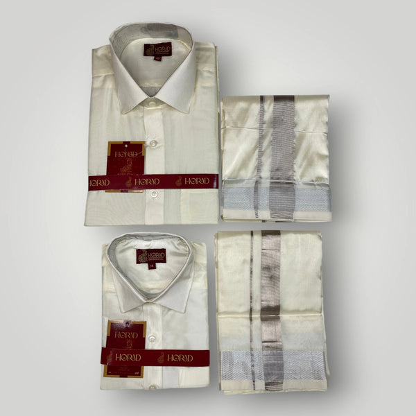 Horad Premium Art Silk Dad and Son Cream Shirt + Cream with Silver Zari Dhoti