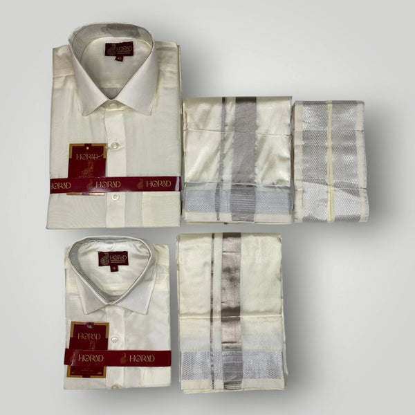 Horad Premium Art Silk Dad and Son Cream Shirt + Cream with Silver Zari Dhoti + Angavastram