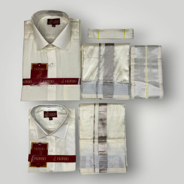 Horad Premium Art Silk Dad and Son Cream Shirt + Cream with Silver Zari Dhoti + Angavastram + Belt