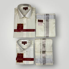 Horad Premium Art Silk Dad and Son Cream Shirt + Cream with Silver Zari  Welcro Dhoti