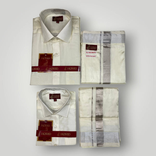 Horad Premium Art Silk Dad and Son Cream Shirt + Cream with Silver Zari  Welcro Dhoti