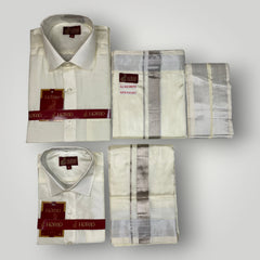 Horad Premium Art Silk Dad and Son Cream Shirt + Cream with Silver Zari Welcro Dhoti + Angavastram
