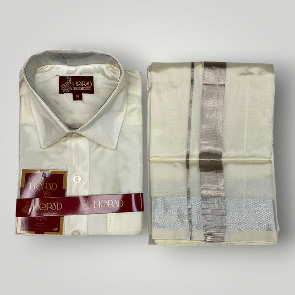 Horad Premium Art Silk Dad and Son Cream Shirt + Cream with Silver Zari Dhoti + Angavastram + Belt