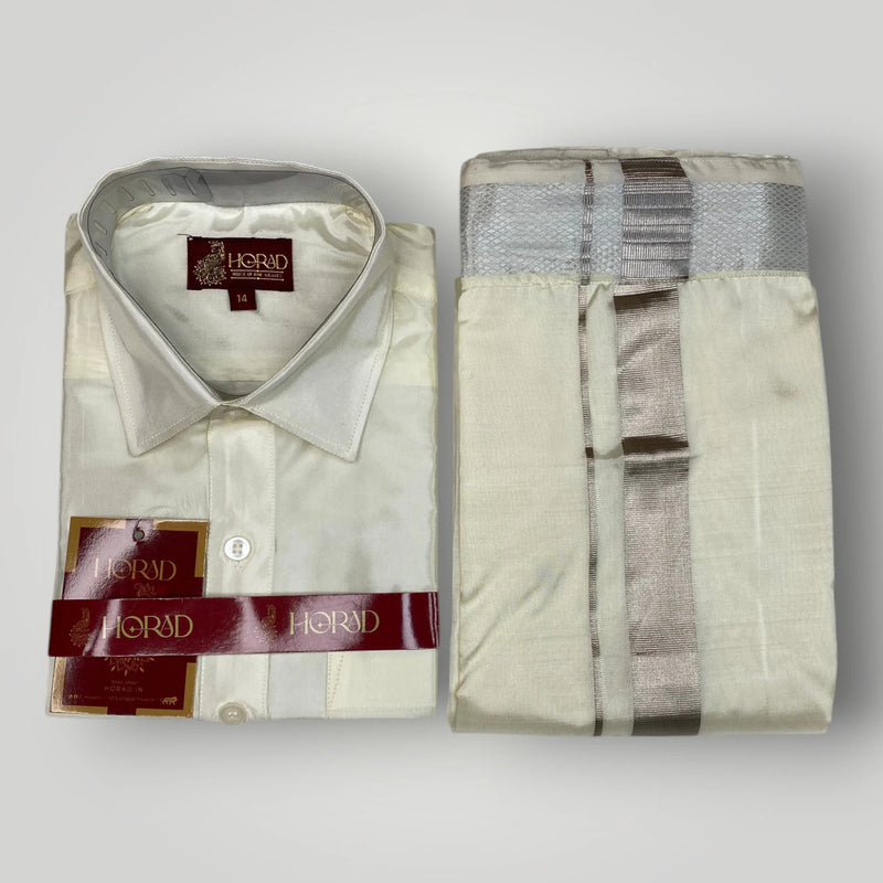 Horad Premium Art Silk Dad and Son Cream Shirt + Cream with Silver Zari  Welcro Dhoti
