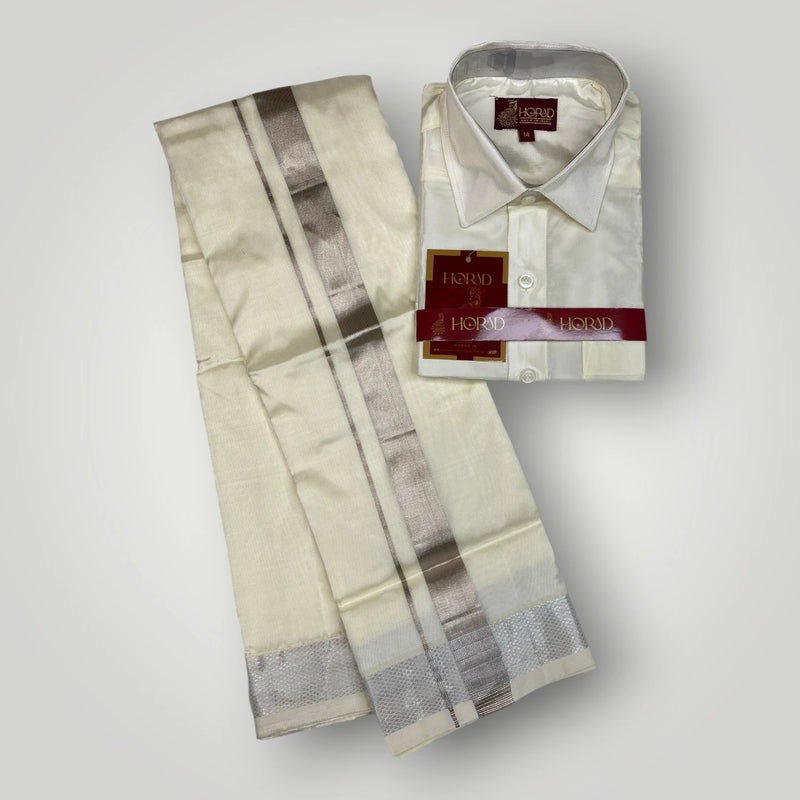 Horad Premium Art Silk Dad and Son Cream Shirt + Cream with Silver Zari  Welcro Dhoti