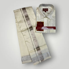 Horad Premium Art Silk Dad and Son Cream Shirt + Cream with Silver Zari Dhoti