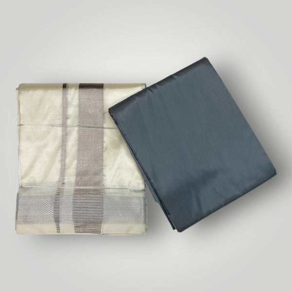 HORAD Premium Art Silk Cream with Silver Dhoti with Steel Grey Shirt Material