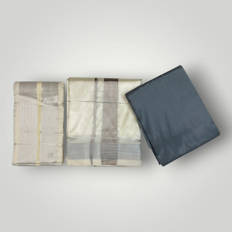 HORAD Premium Art Silk Steel Grey Shirt Material (3 Meter) + Cream with Silver  (9X5) Dhoti + Angavastram