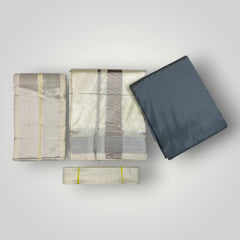 HORAD Premium Art Silk Steel Grey Shirt Material (3 Meter) + Cream with Silver (9X5) Dhoti + Angavastram + Belt