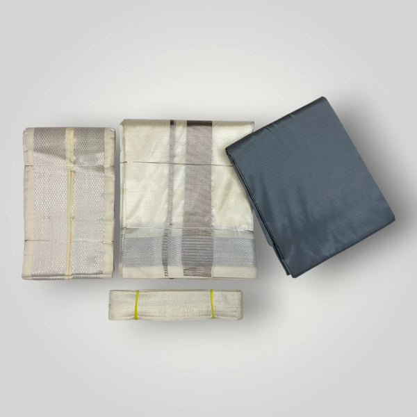 HORAD Premium Art Silk Steel Grey Shirt Material (3 Meter) + Cream with Silver (9X5) Dhoti + Angavastram + Belt