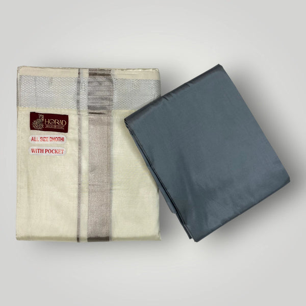 HORAD Premium Art Silk Cream with Silver Welcro Dhoti with Steel Grey Shirt Material