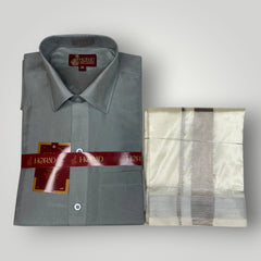 Horad Premium Art Silk Steel Grey Shirt + Cream with Silver Zari Dhoti