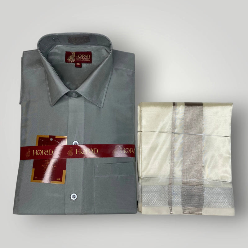 Horad Premium Art Silk Steel Grey Shirt + Cream with Silver Zari Dhoti