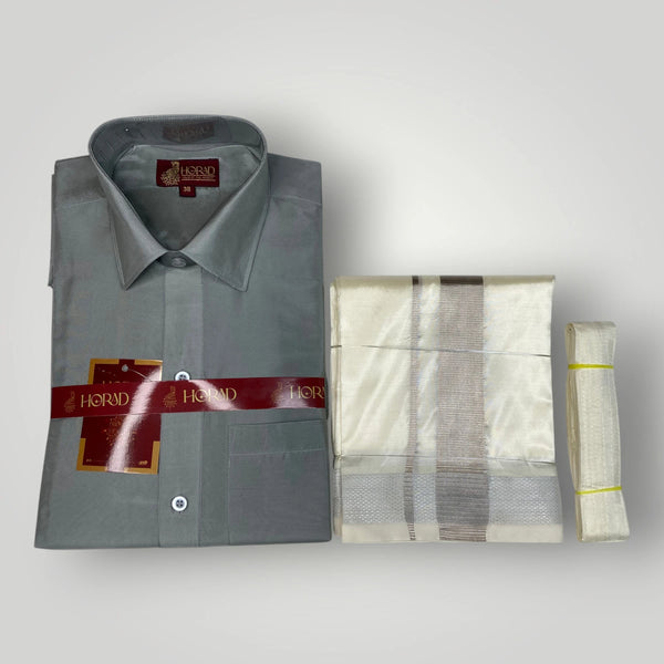 Horad Premium Art Silk Steel Grey Shirt + Cream with Silver Dhoti + Belt